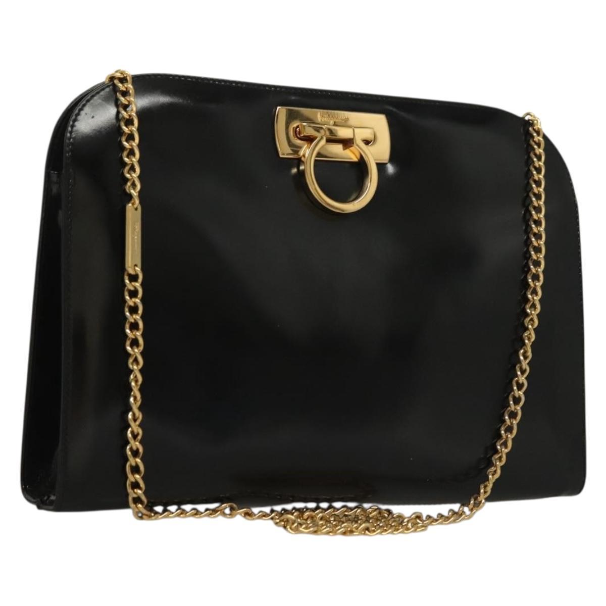 Salvatore Ferragamo Chain Gancini Bag Patent Leather Black Gold Auth 136191